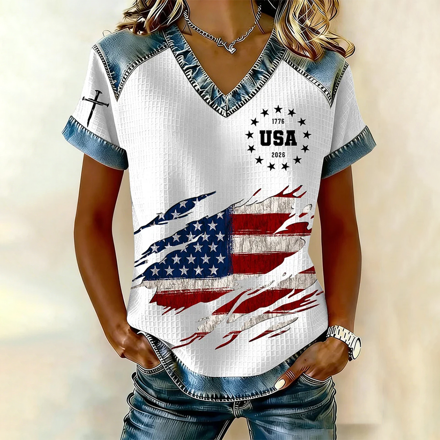 Women's 250th America Anniversary Casual Printed Waffle Knit Short-Sleeved T-Shirt
