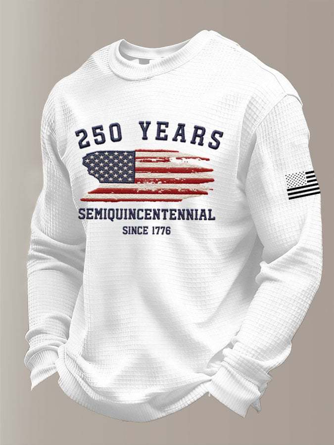 Men's 250th America Anniversary Casual Printed Waffle Fabric Long-Sleeved T-Shirt