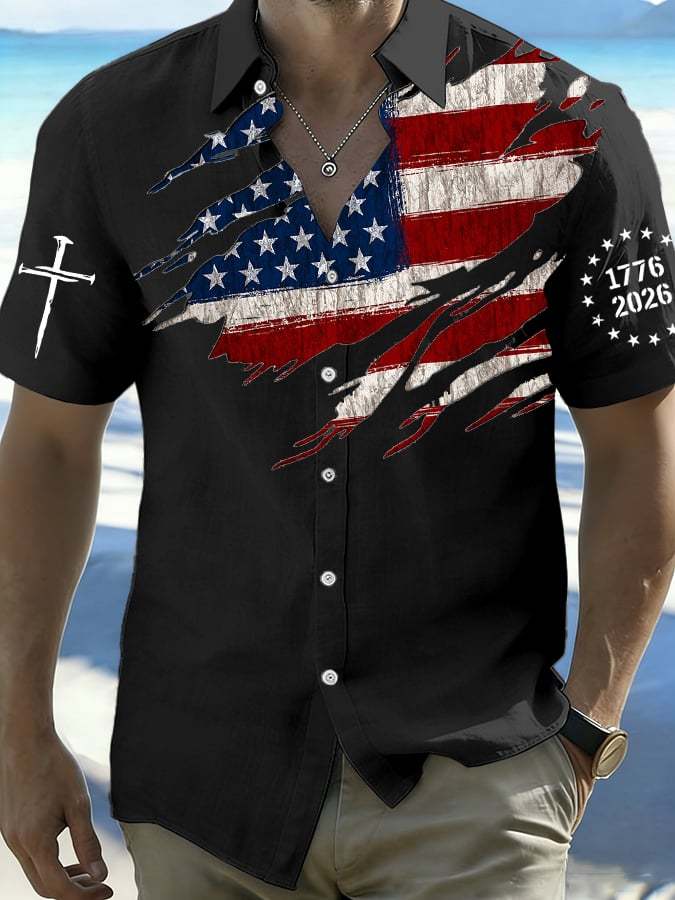 Men's 250th Anniversary National Flag Print Casual Short-Sleeved Shirt
