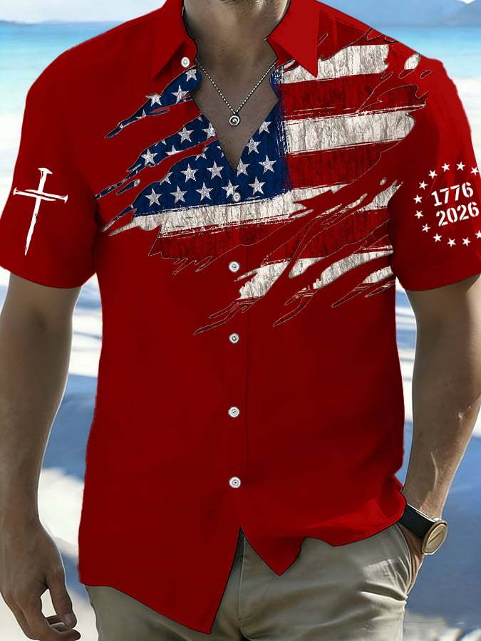 Men's 250th Anniversary National Flag Print Casual Short-Sleeved Shirt
