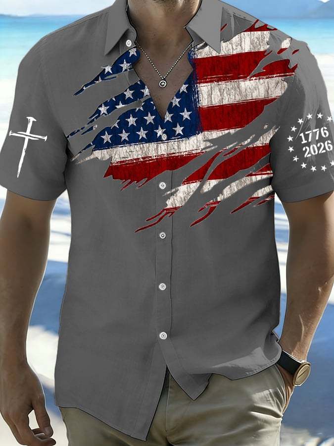 Men's 250th Anniversary National Flag Print Casual Short-Sleeved Shirt