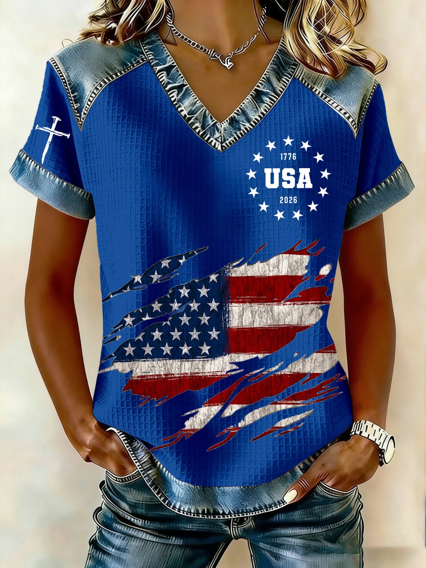 Women's 250th America Anniversary Casual Printed Waffle Knit Short-Sleeved T-Shirt