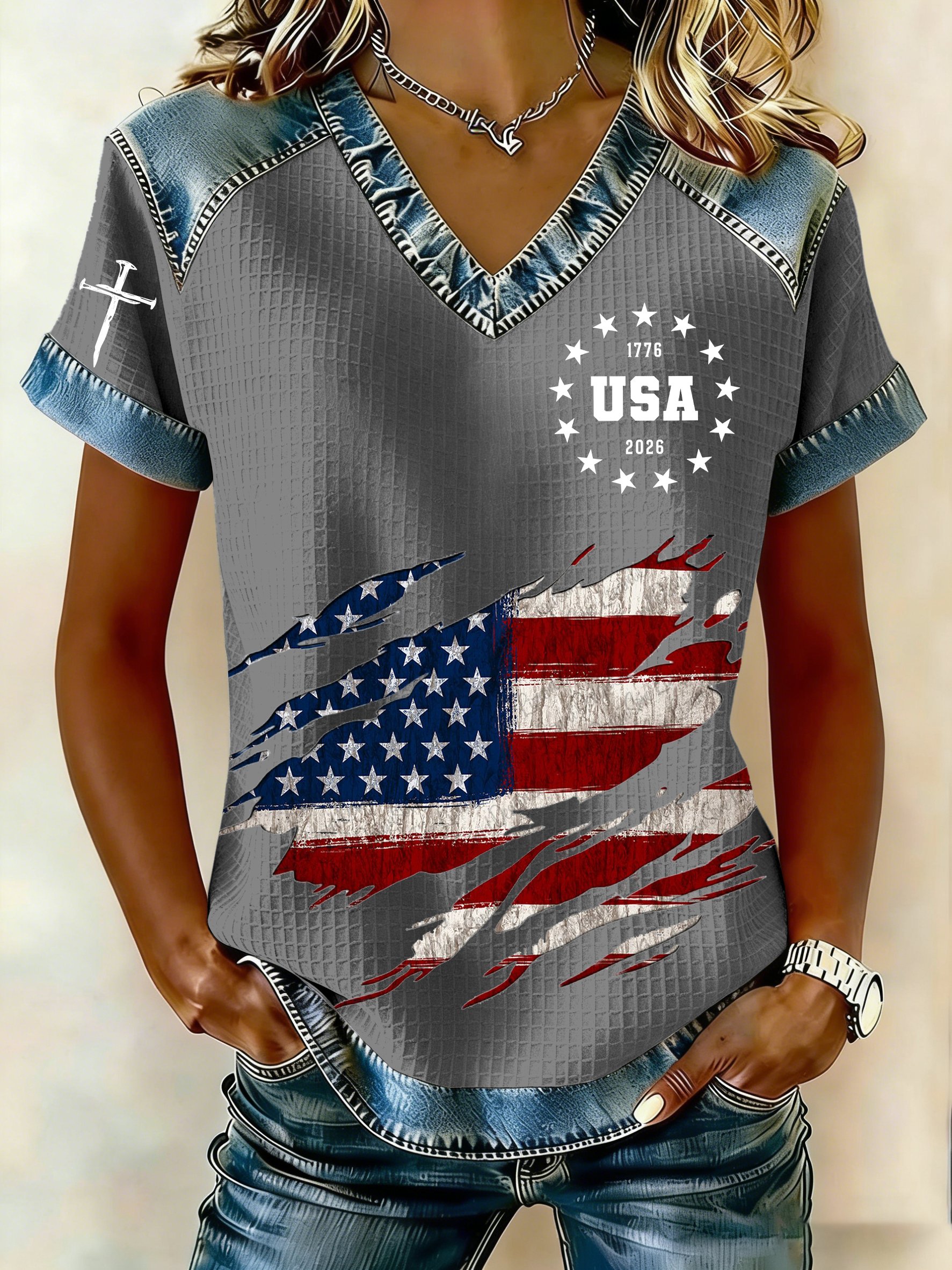 Women's 250th America Anniversary Casual Printed Waffle Knit Short-Sleeved T-Shirt