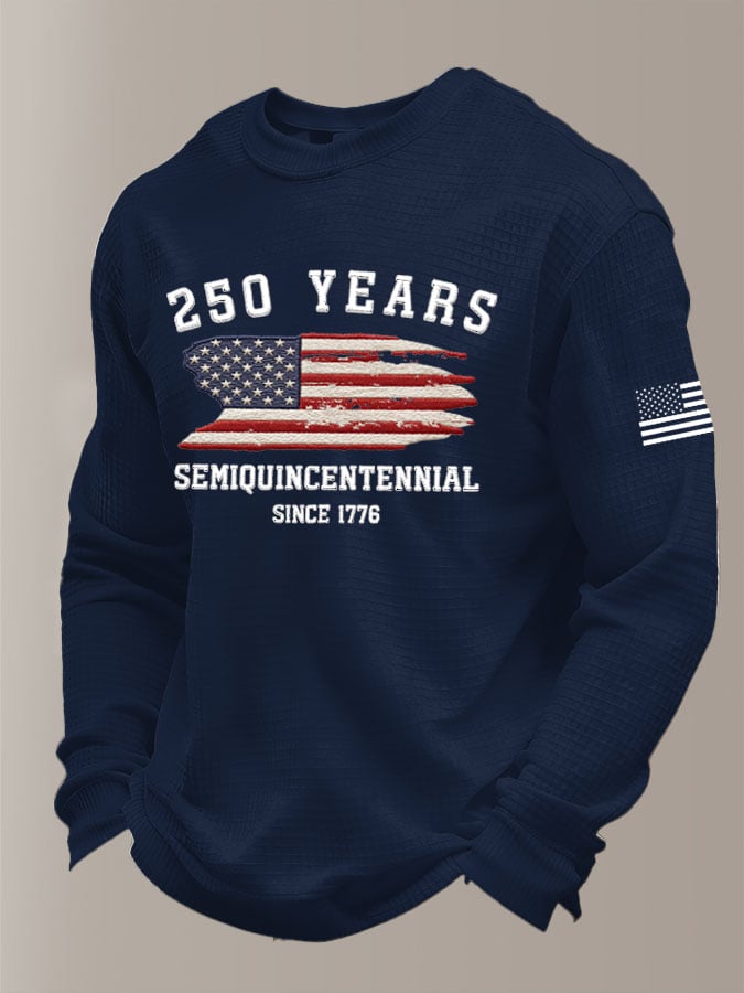 Men's 250th America Anniversary Casual Printed Waffle Fabric Long-Sleeved T-Shirt