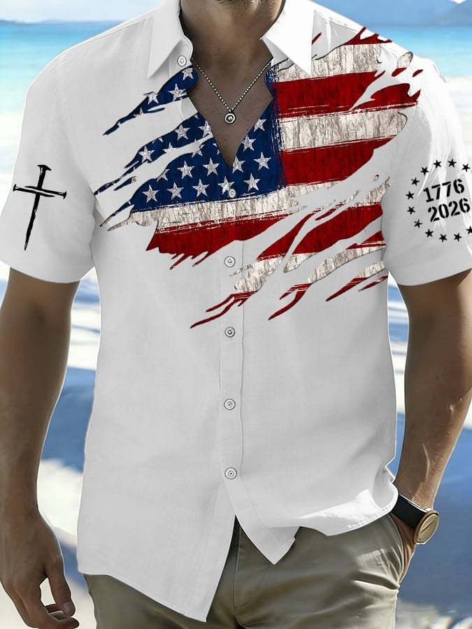 Men's 250th Anniversary National Flag Print Casual Short-Sleeved Shirt