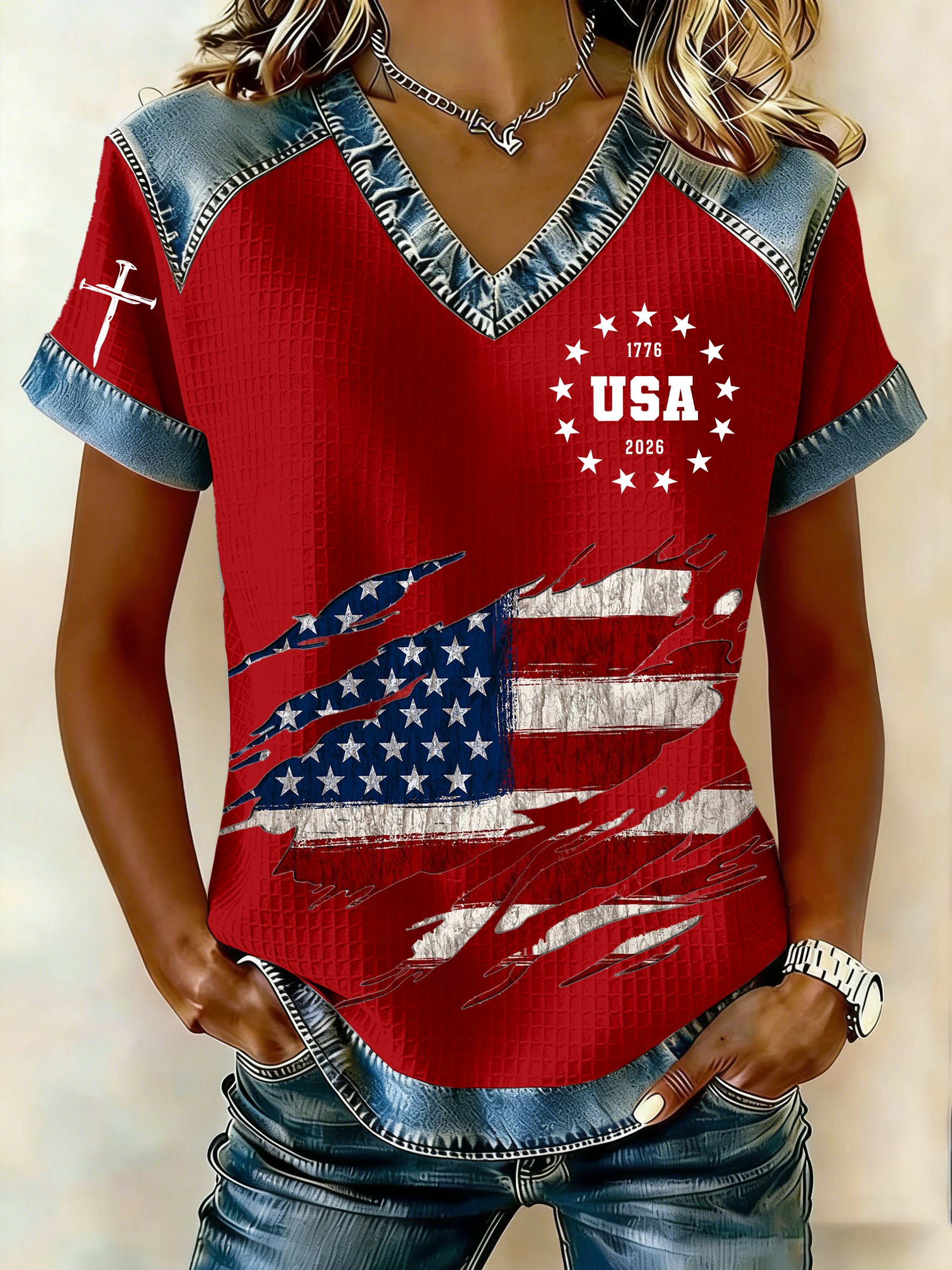 Women's 250th America Anniversary Casual Printed Waffle Knit Short-Sleeved T-Shirt