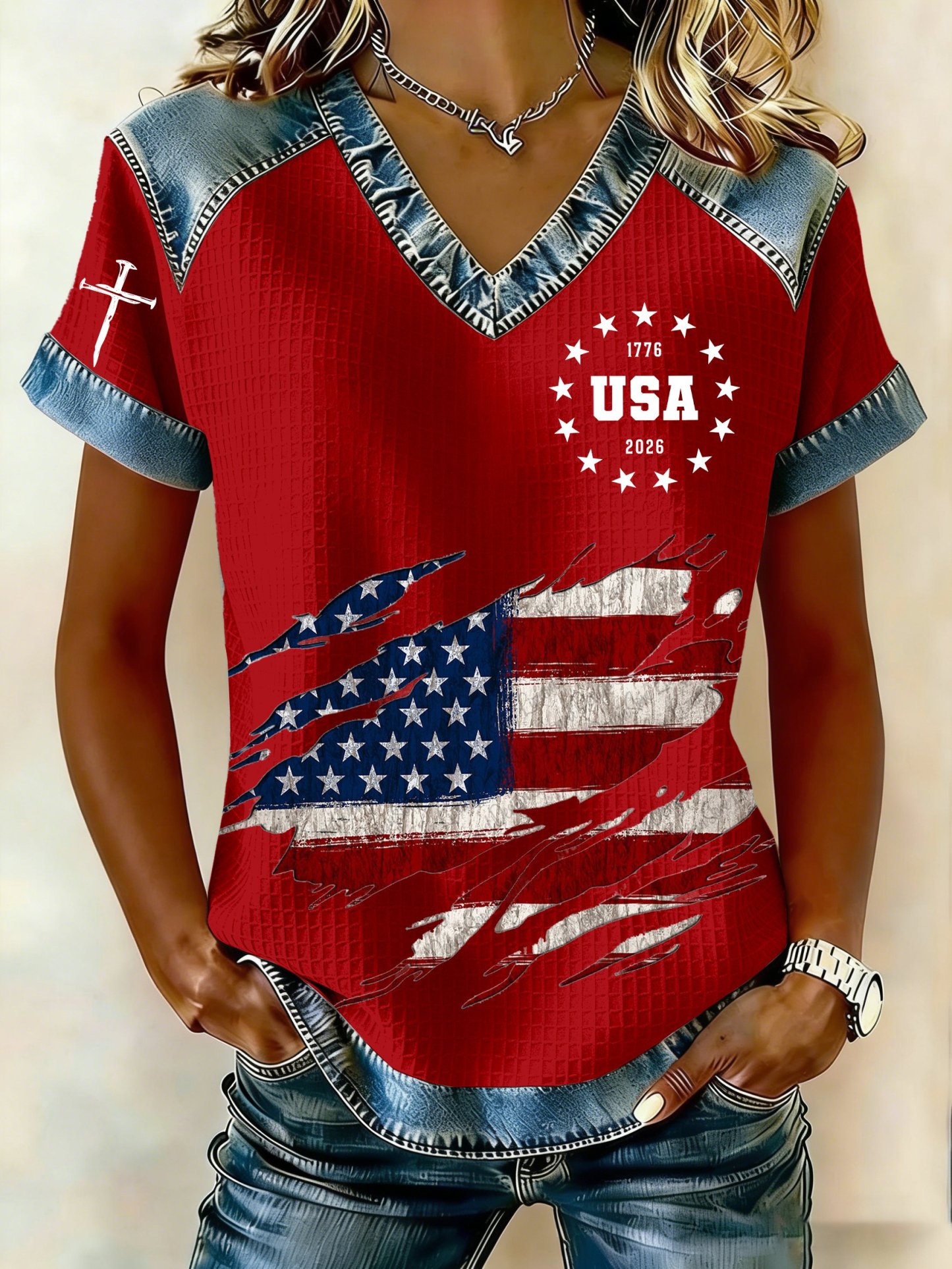 Women's 250th America Anniversary Casual Printed Waffle Knit Short-Sleeved T-Shirt