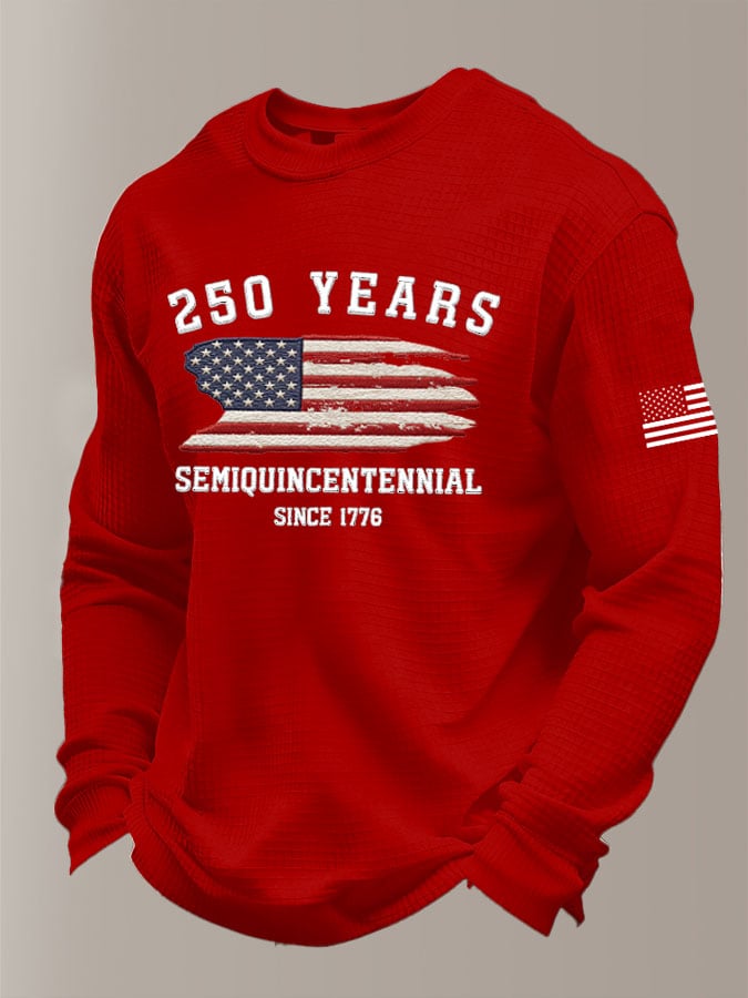 Men's 250th America Anniversary Casual Printed Waffle Fabric Long-Sleeved T-Shirt