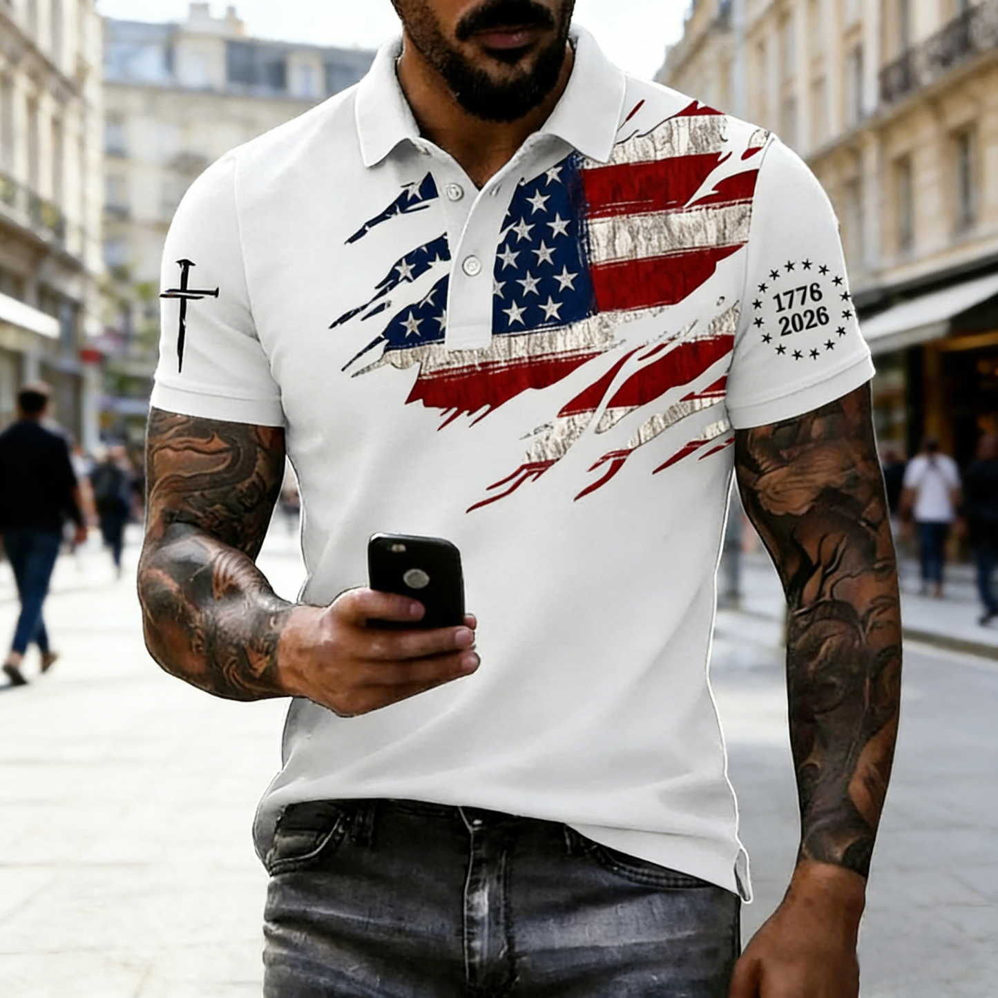 Men's 250th Anniversary National Flag Print Casual Polo Shirt