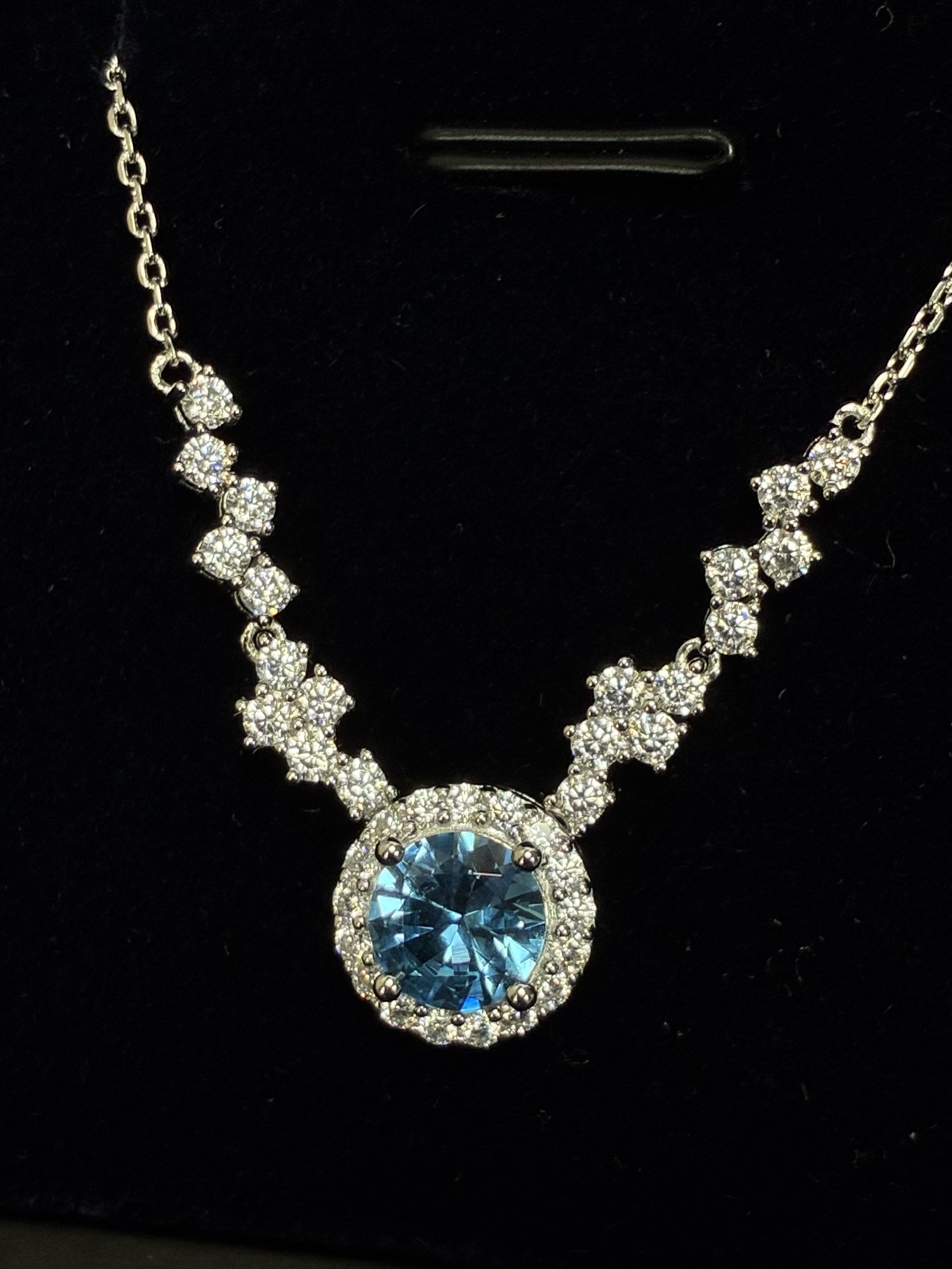 Round Aquamarine Tone Lab Grown Spinel Halo Necklace with V-Shape Pave Chain