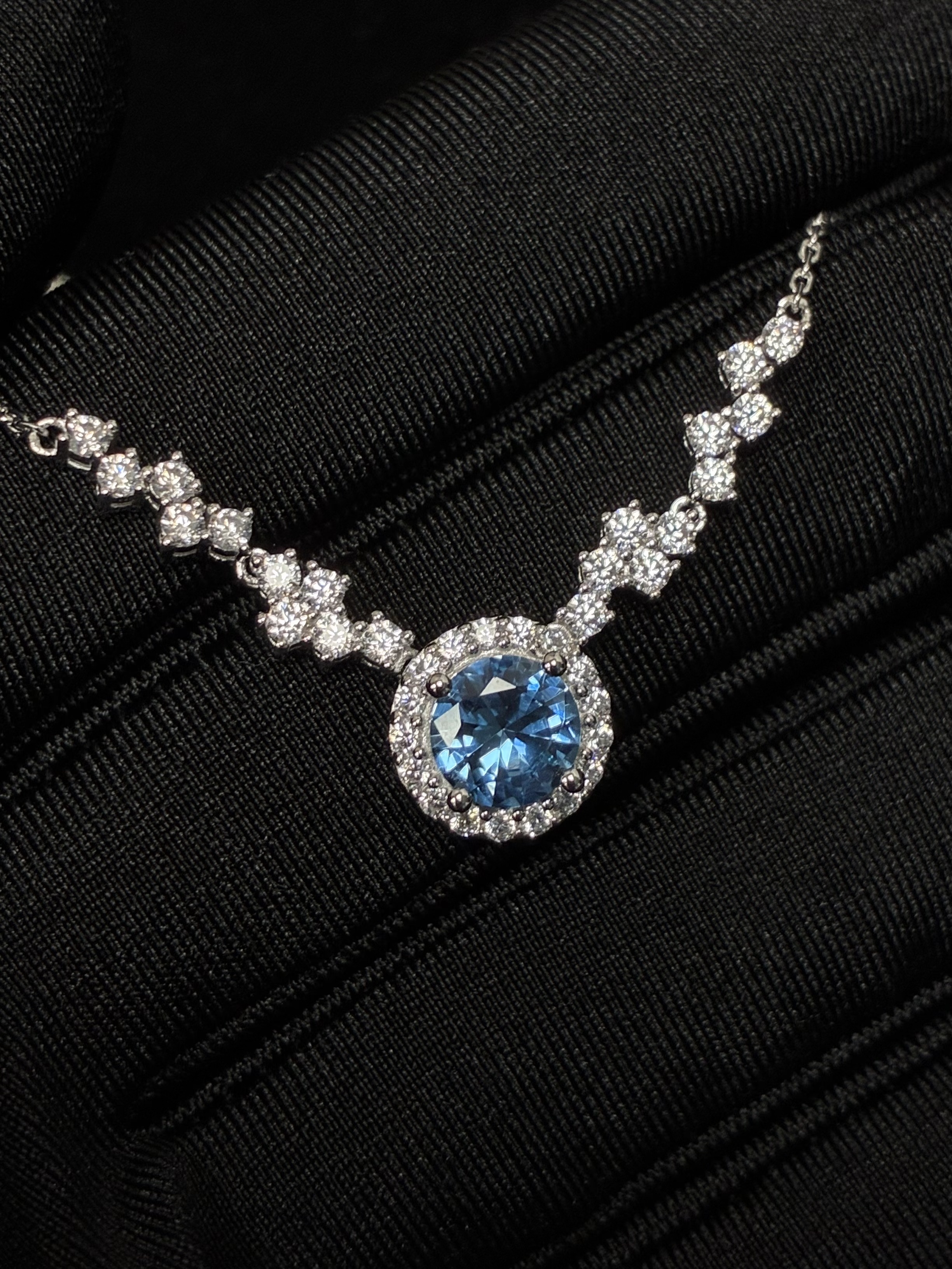 Round Aquamarine Tone Lab Grown Spinel Halo Necklace with V-Shape Pave Chain