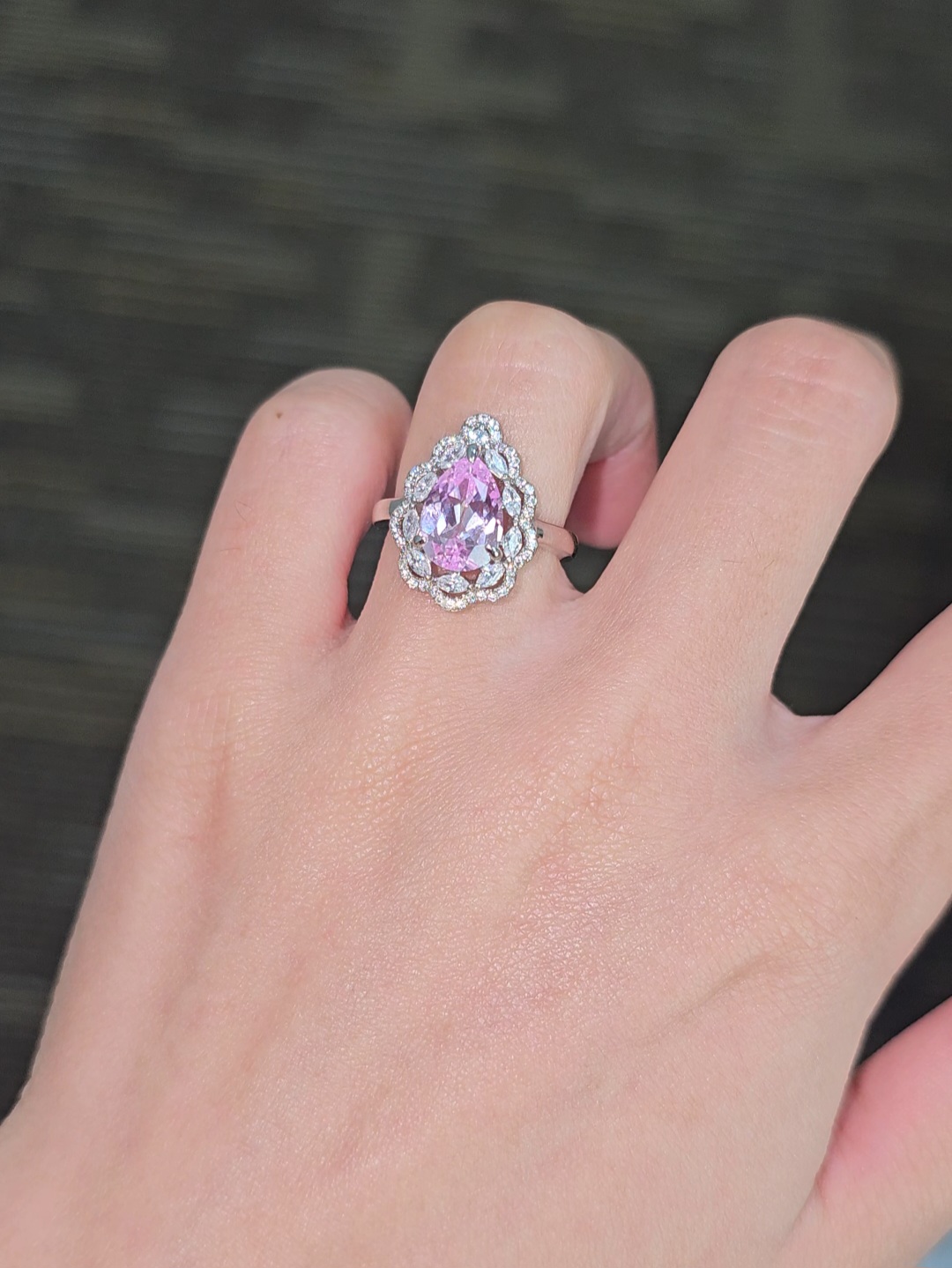 Pink sapphire water drop cut ring
