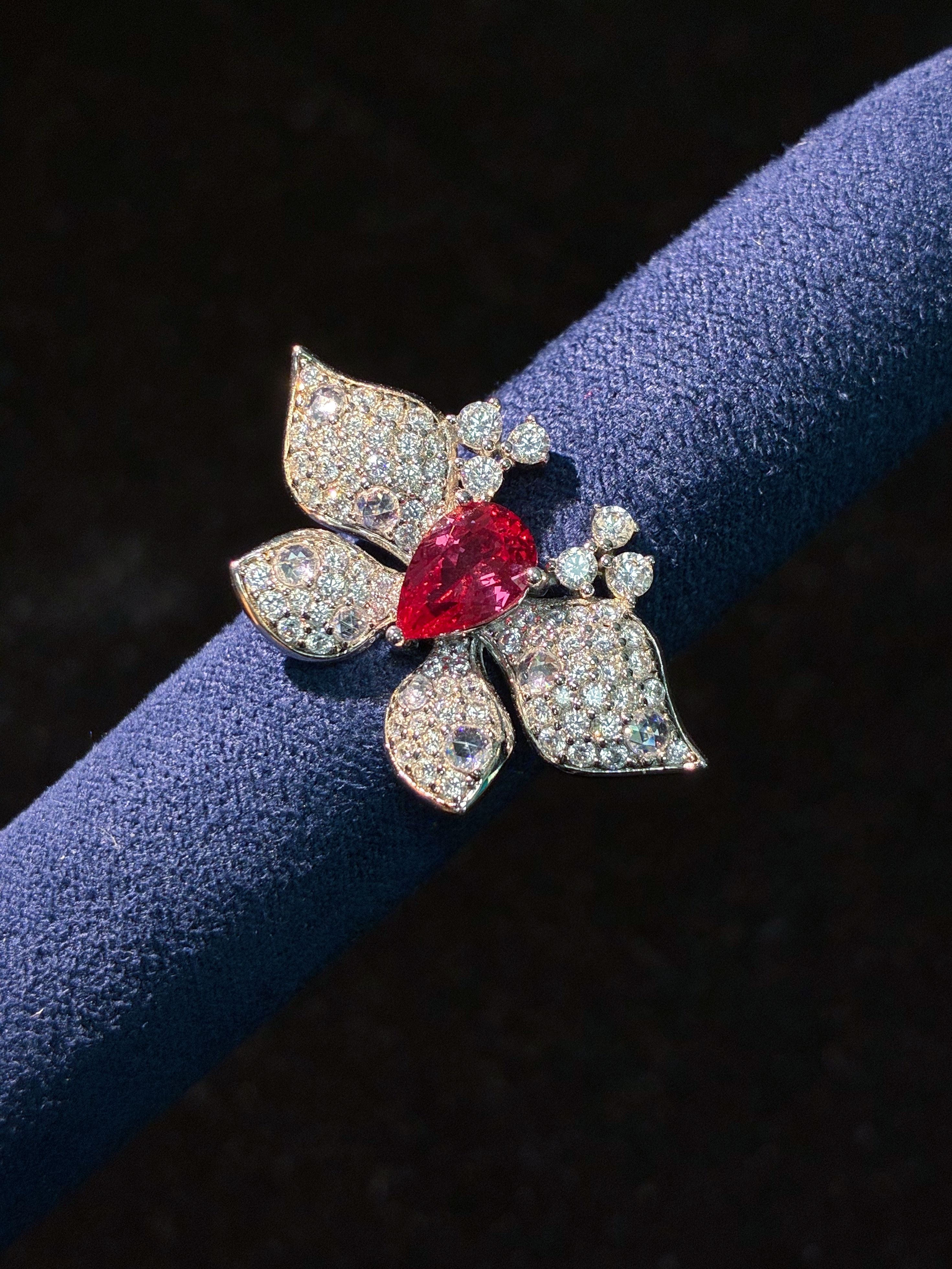 Pear Shaped Lab-Grown Padparadscha Butterfly Ring, Pave Accent S925 Sterling Silver Gem Ring