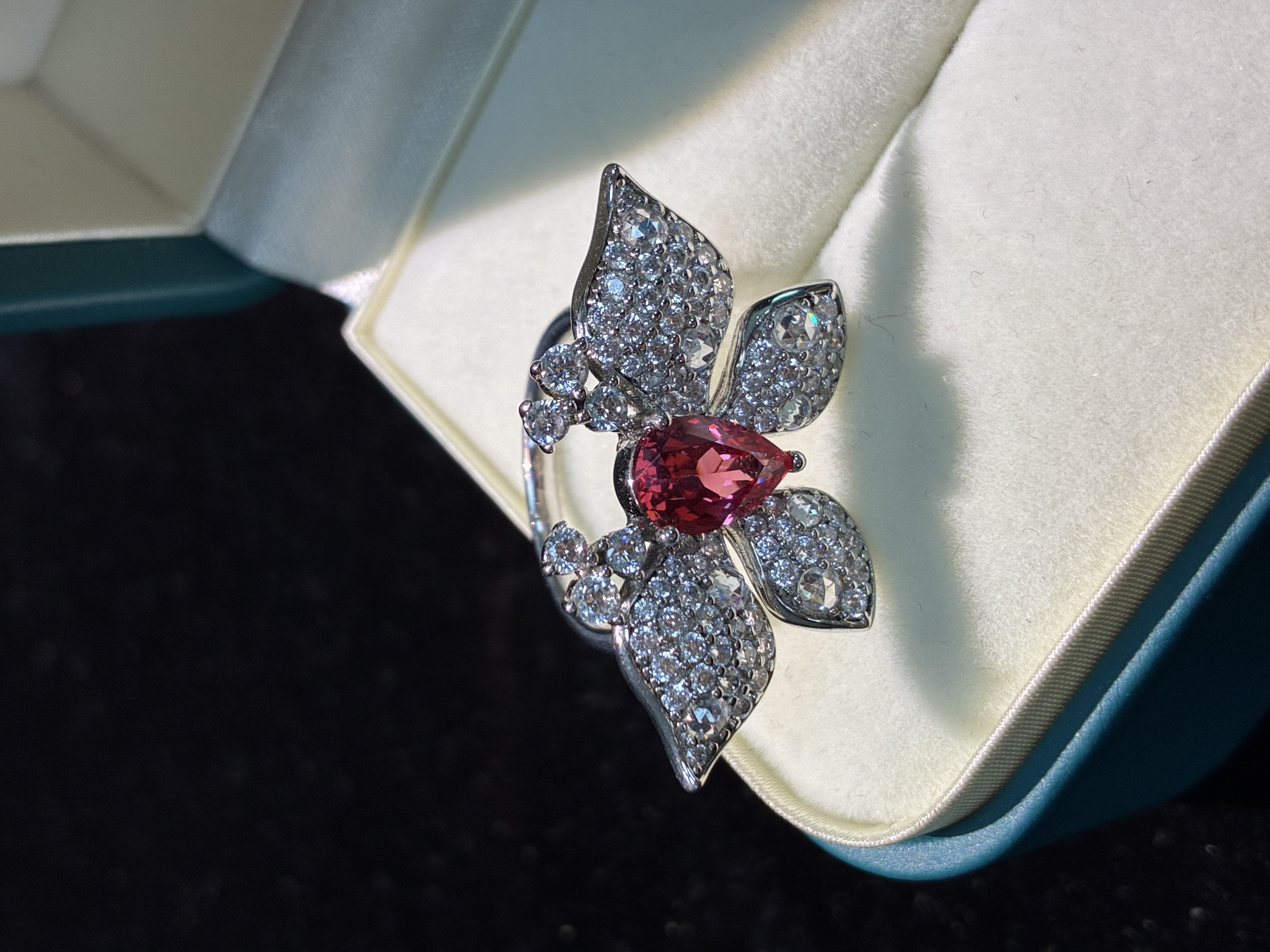 Pear Shaped Lab-Grown Padparadscha Butterfly Ring, Pave Accent S925 Sterling Silver Gem Ring