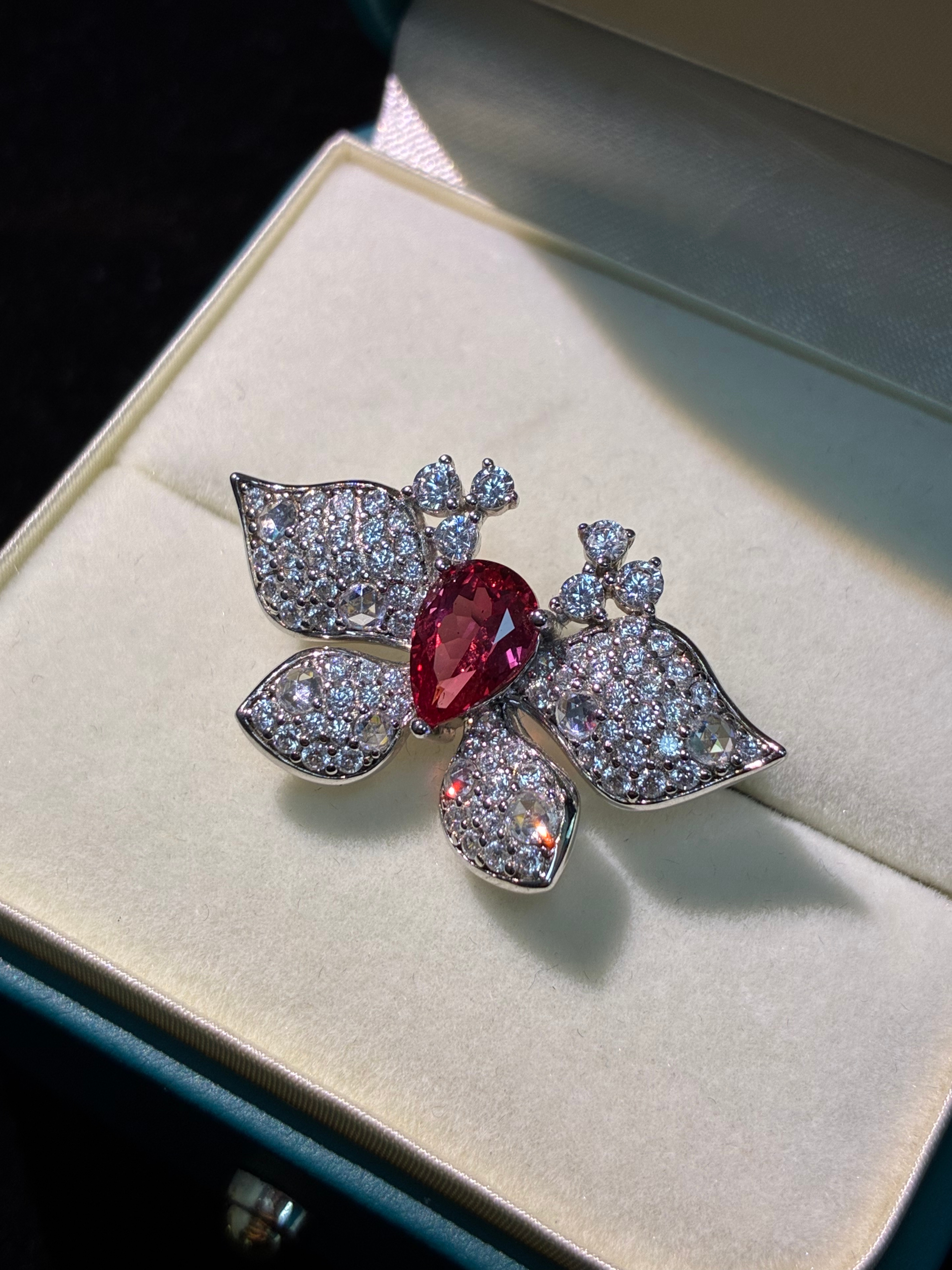 Pear Shaped Lab-Grown Padparadscha Butterfly Ring, Pave Accent S925 Sterling Silver Gem Ring