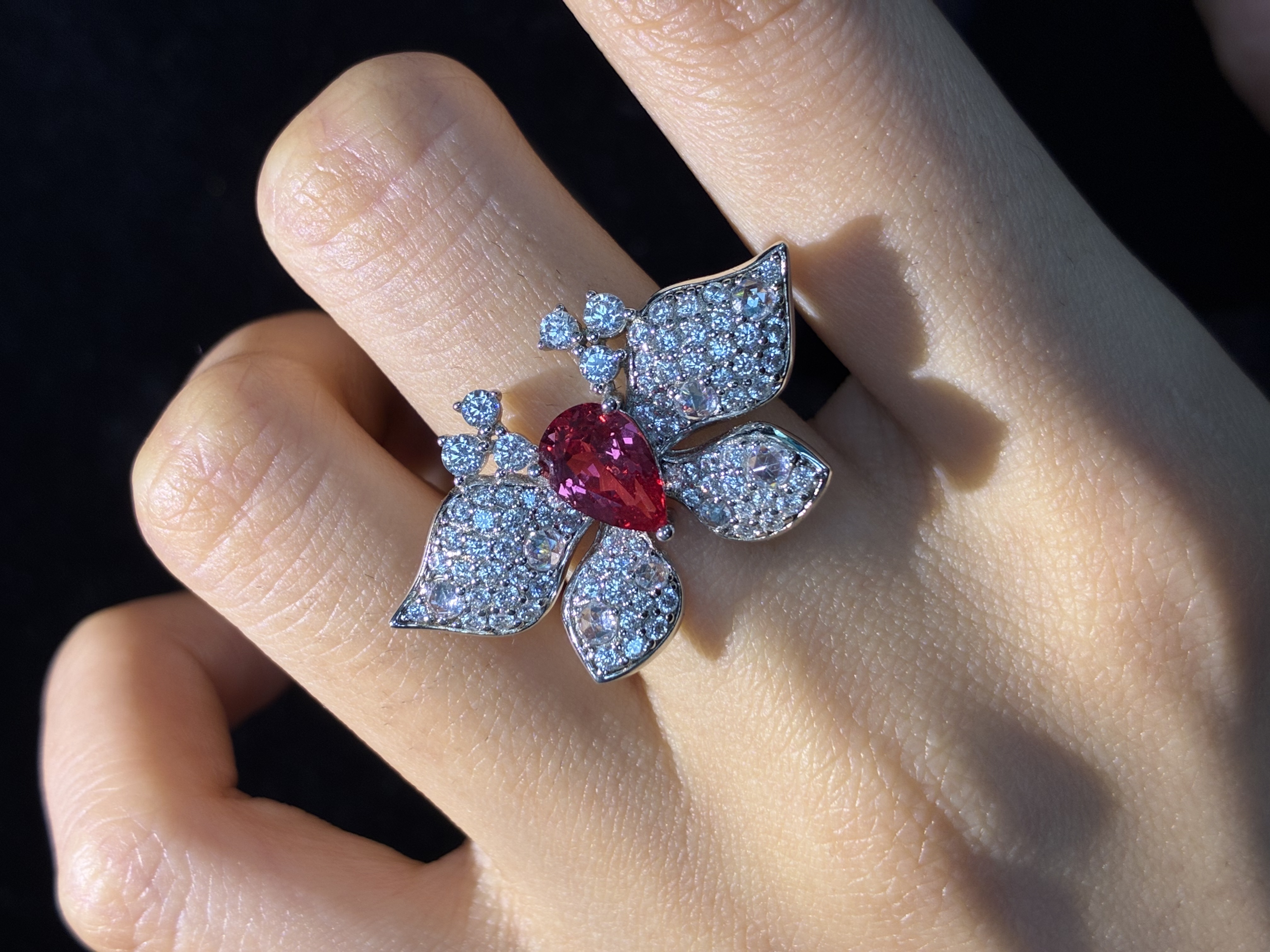Pear Shaped Lab-Grown Padparadscha Butterfly Ring, Pave Accent S925 Sterling Silver Gem Ring