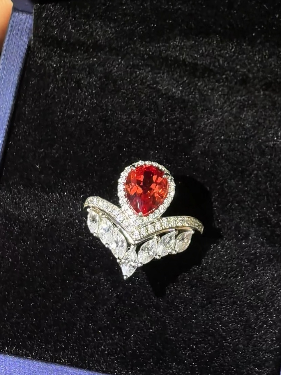 Lab‑Grown Sunset Tone Padparadscha Ring, Pear Cut Halo S925 Sterling Silver 