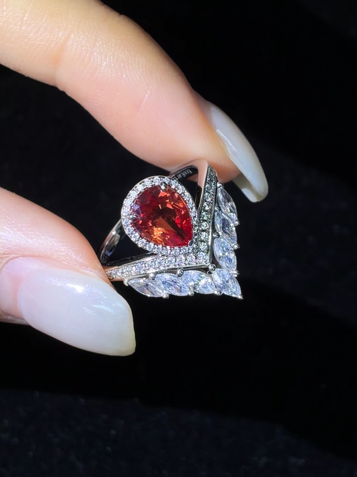 Lab‑Grown Sunset Tone Padparadscha Ring, Pear Cut Halo S925 Sterling Silver 