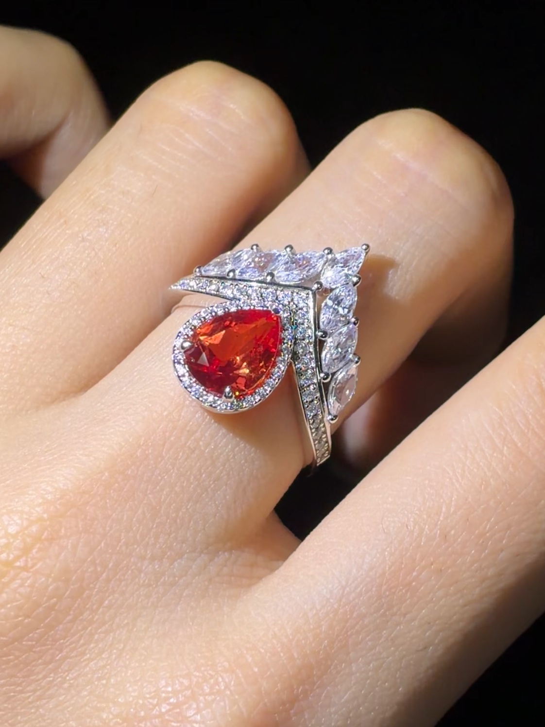 Lab‑Grown Sunset Tone Padparadscha Ring, Pear Cut Halo S925 Sterling Silver 