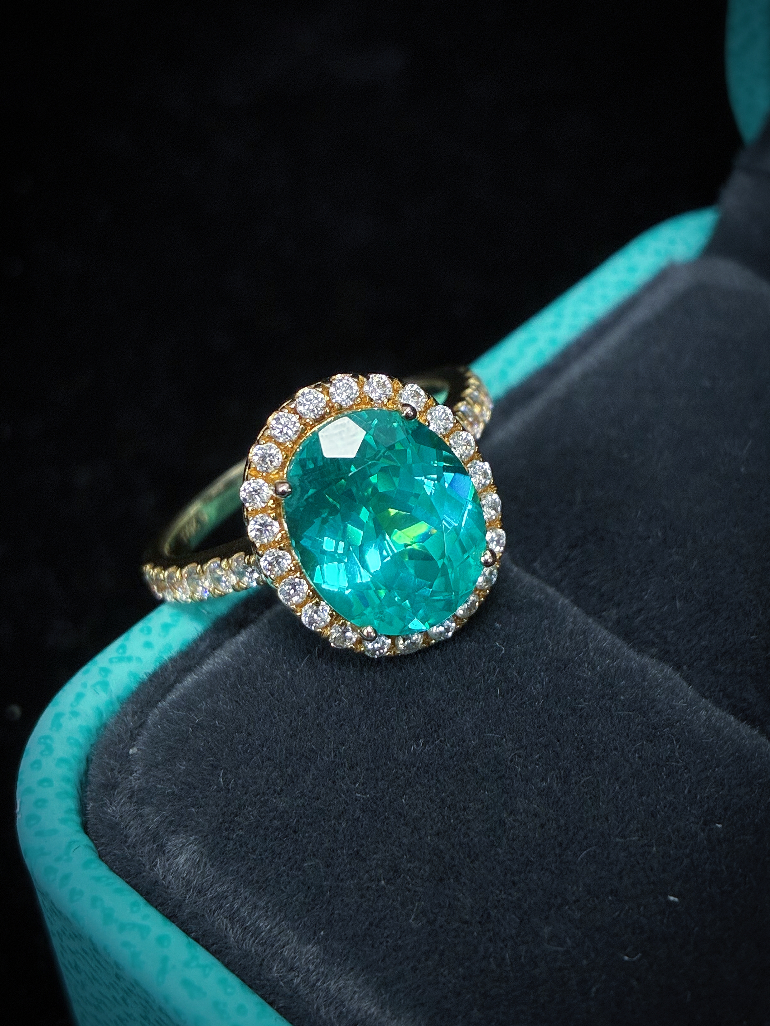  Lab‑Grown PARAÍBA Blue Gem Halo Ring, Pave Band Women Jewelry