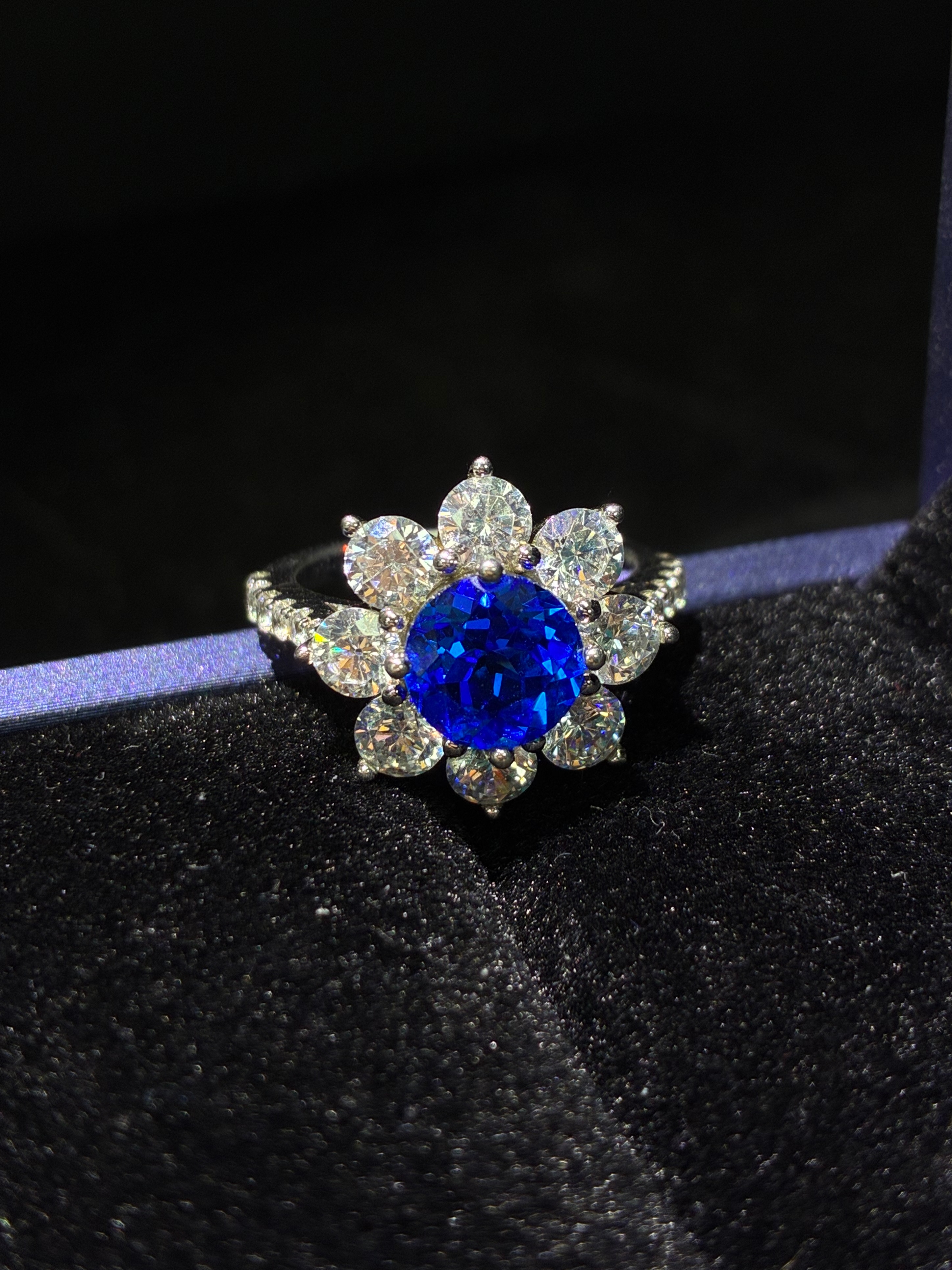 Lab‑Grown Cobalt Spinel Ring Royal Blue Sunflower Halo Ring