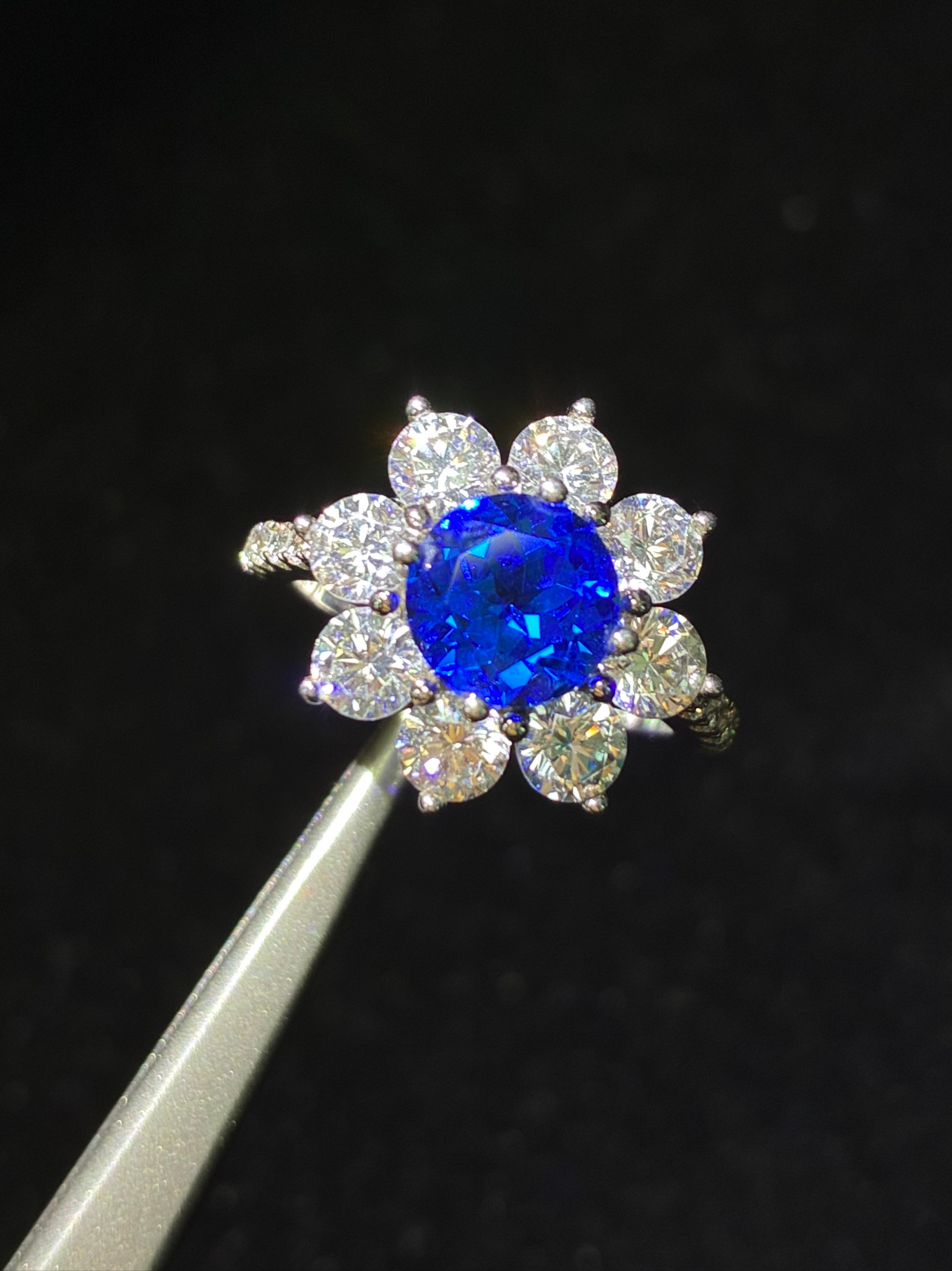 Lab‑Grown Cobalt Spinel Ring Royal Blue Sunflower Halo Ring