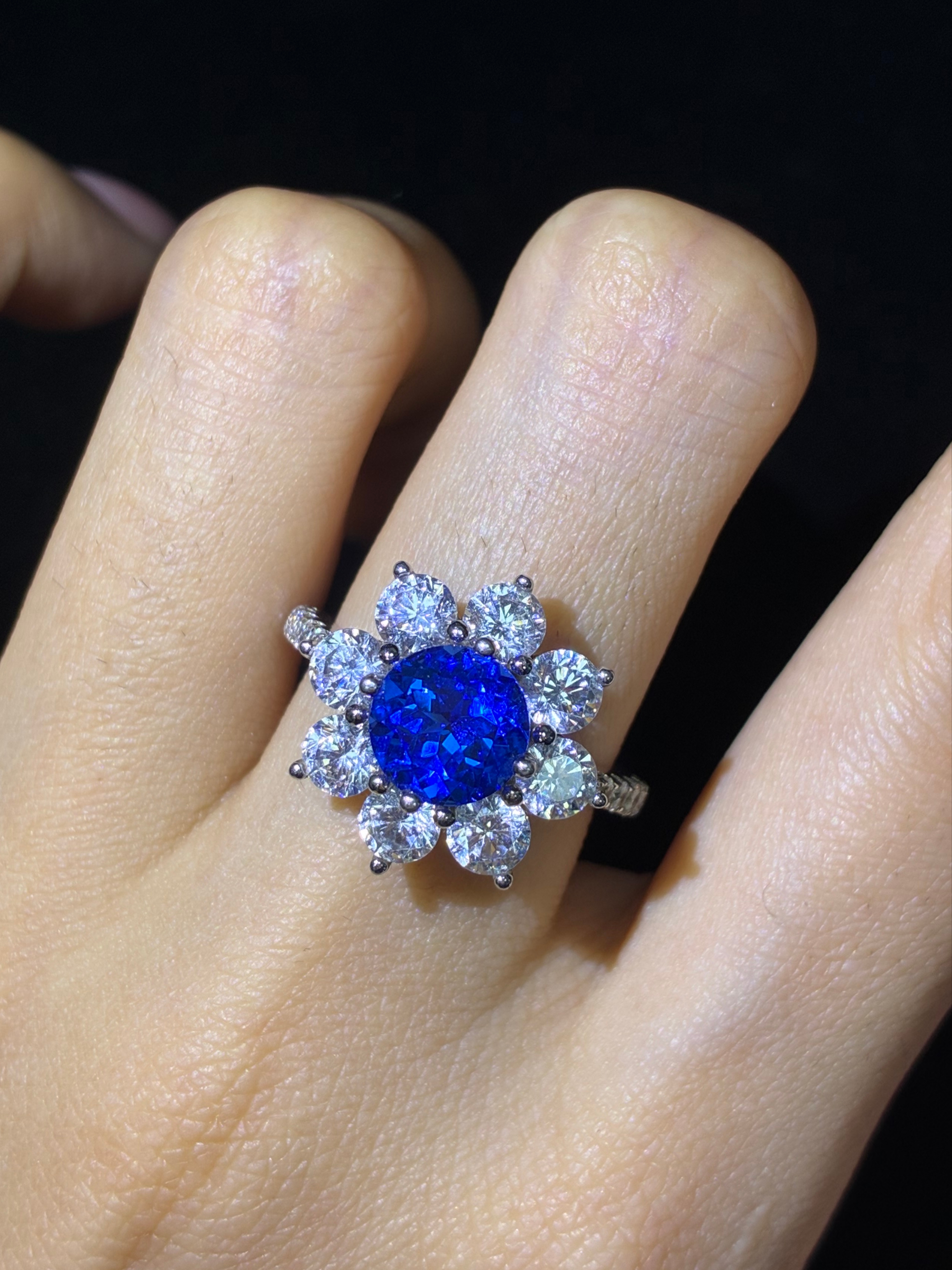 Lab‑Grown Cobalt Spinel Ring Royal Blue Sunflower Halo Ring