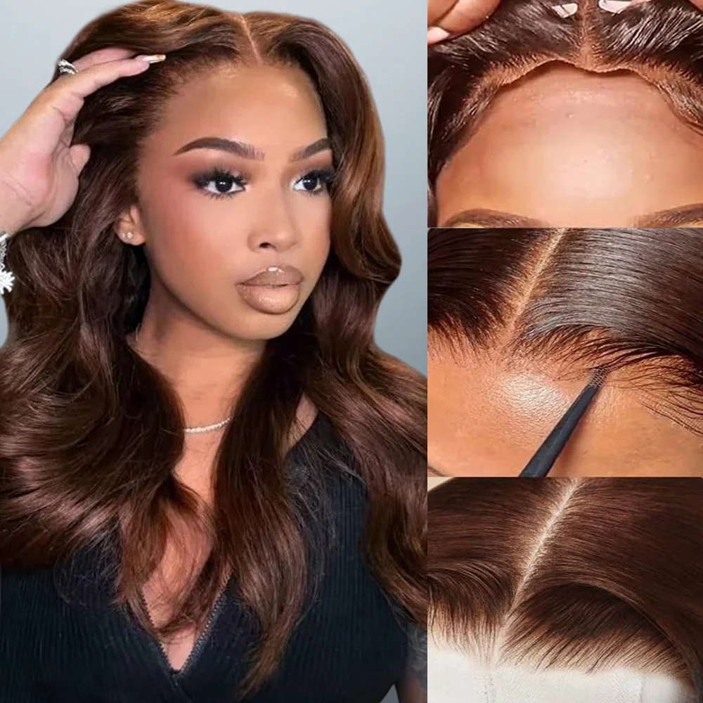 Vera Chocolate Brown Bleached Knots Glueless 13x6 Body Wave Straight Lace Front Human Hair Wigs Pre Plucked with Drawstring