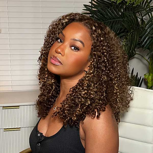 Charlotte 3 IN 1 Highlight Brown Kinky Curly Half Wig Glueless Wig Beginner Friendly with Draw-strings Flip Over Wigs