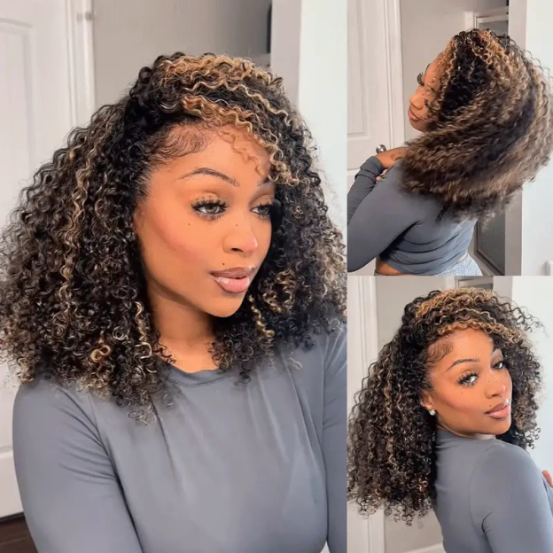 Charlotte 3 IN 1 Highlight Brown Kinky Curly Half Wig Glueless Wig Beginner Friendly with Draw-strings Flip Over Wigs