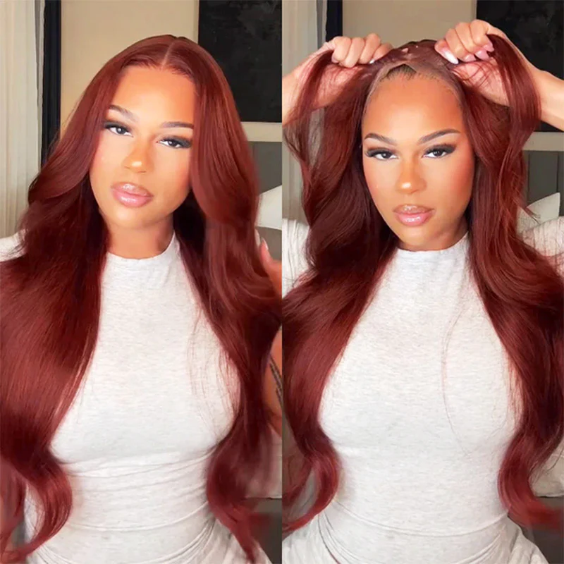 Lark Reddish Brown Bleached Knots Glueless 13x6 Body Wave Straight Lace Front Human Hair Wigs Pre Plucked with Drawstring