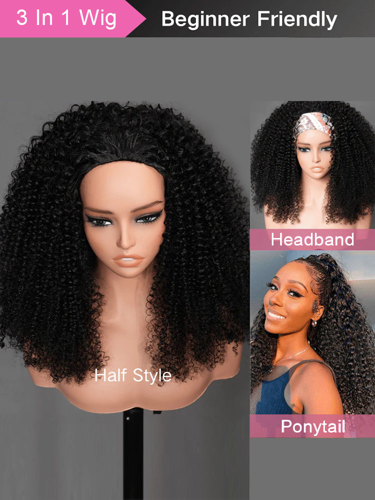 Anna 3 IN 1 Kinky Curly Half Wig Glueless Wig Beginner Friendly with Draw-strings Flip Over Wigs