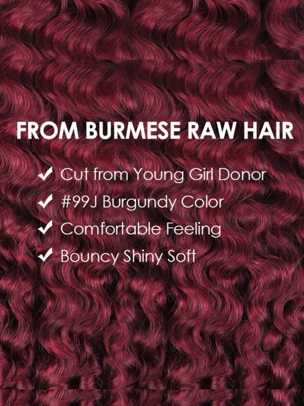 Skylar #99J Burgundy Burmese Curly Wig Bleached Knots Glueless Wigs 13x4 13x6 Lace Front Human Hair Wigs Pre Plucked