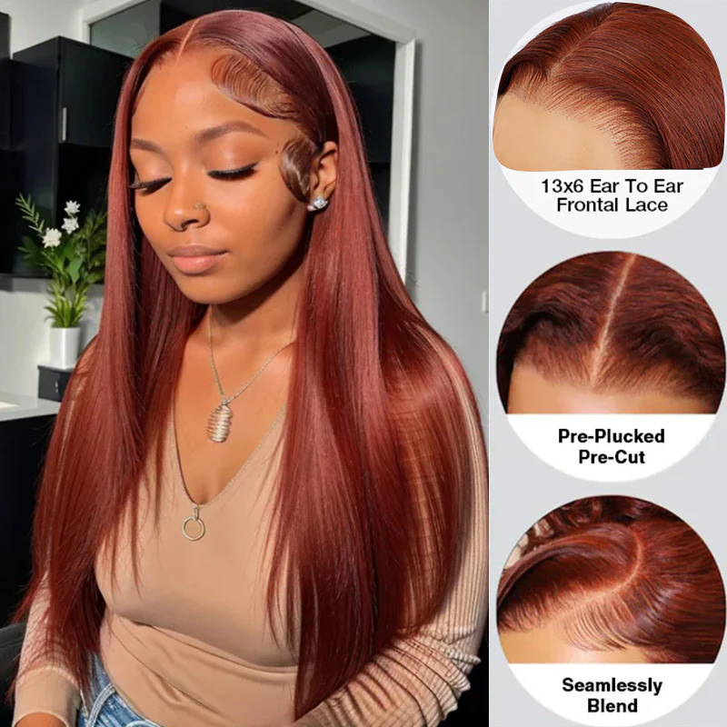 Lark Reddish Brown Bleached Knots Glueless 13x6 Body Wave Straight Lace Front Human Hair Wigs Pre Plucked with Drawstring