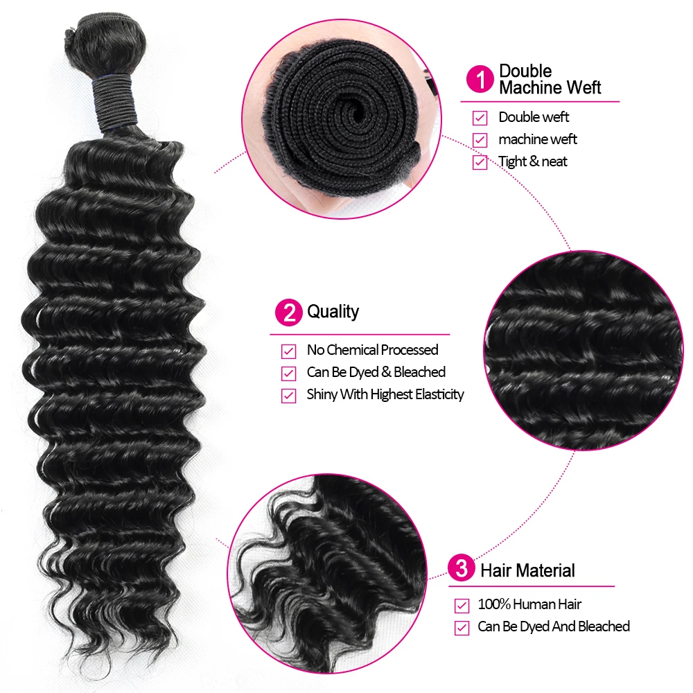 Mila Deep Wave Bundles 3 PCS Natural Color 100% Remy Human Hair Bundles 10-40 Inch 100 Gram Per Bundle Sew In Quick Weave Bundles
