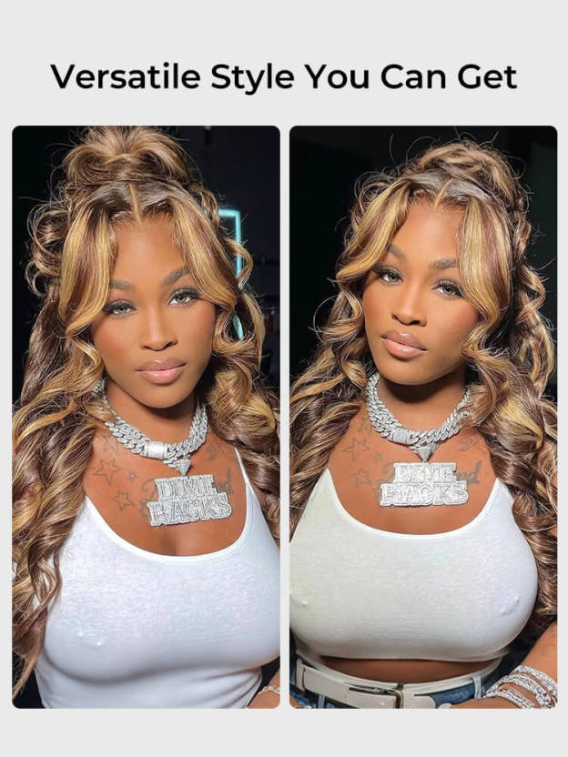 Elara P4/27 Highlight Body Wave 360 Full Lace Frontal Wigs Pre Plucked Bleached Knots with Drawstring Glueless Wigs