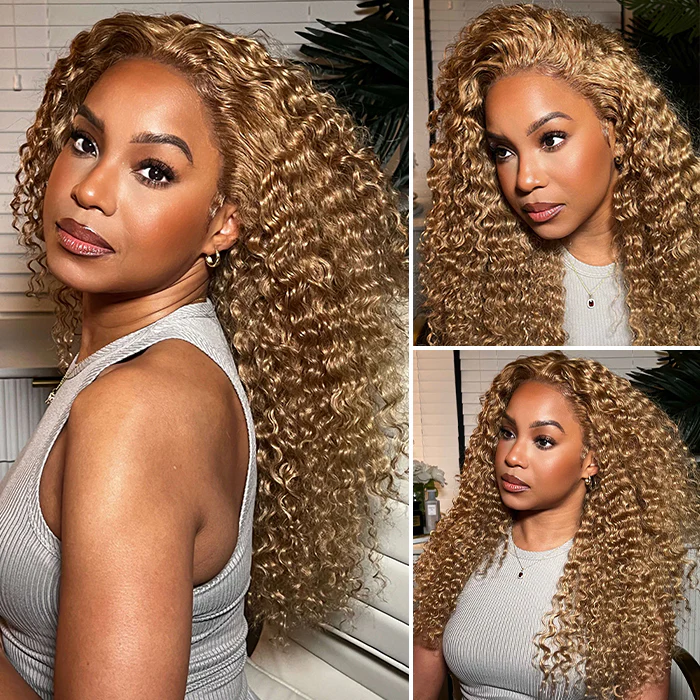 Cora Bleached Knots Honey Blonde Curly Wig Glueless 13x6 Lace Front Human Hair Wigs Pre Plucked