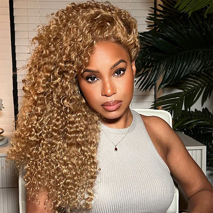 Cora Bleached Knots Honey Blonde Curly Wig Glueless 13x6 Lace Front Human Hair Wigs Pre Plucked