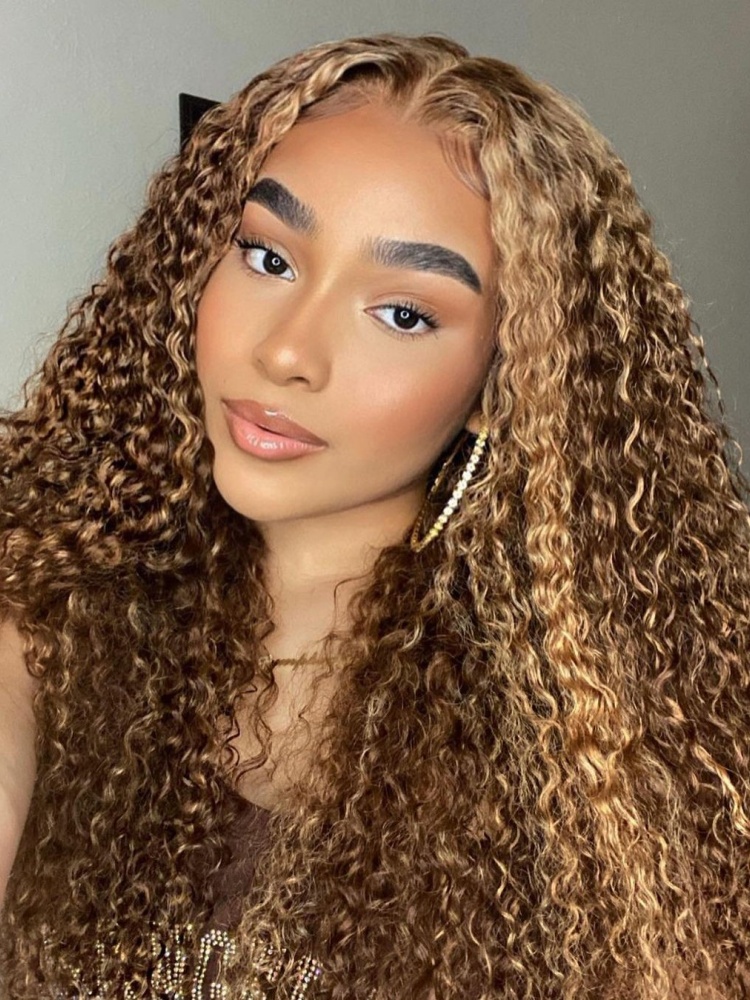 Cora Highlight 4/27 Honey Blonde Burmese Curly Wig Glueless Wigs with Drawstring 13x6 Lace Front Human Hair Wigs Pre Plucked Bleached Knots
