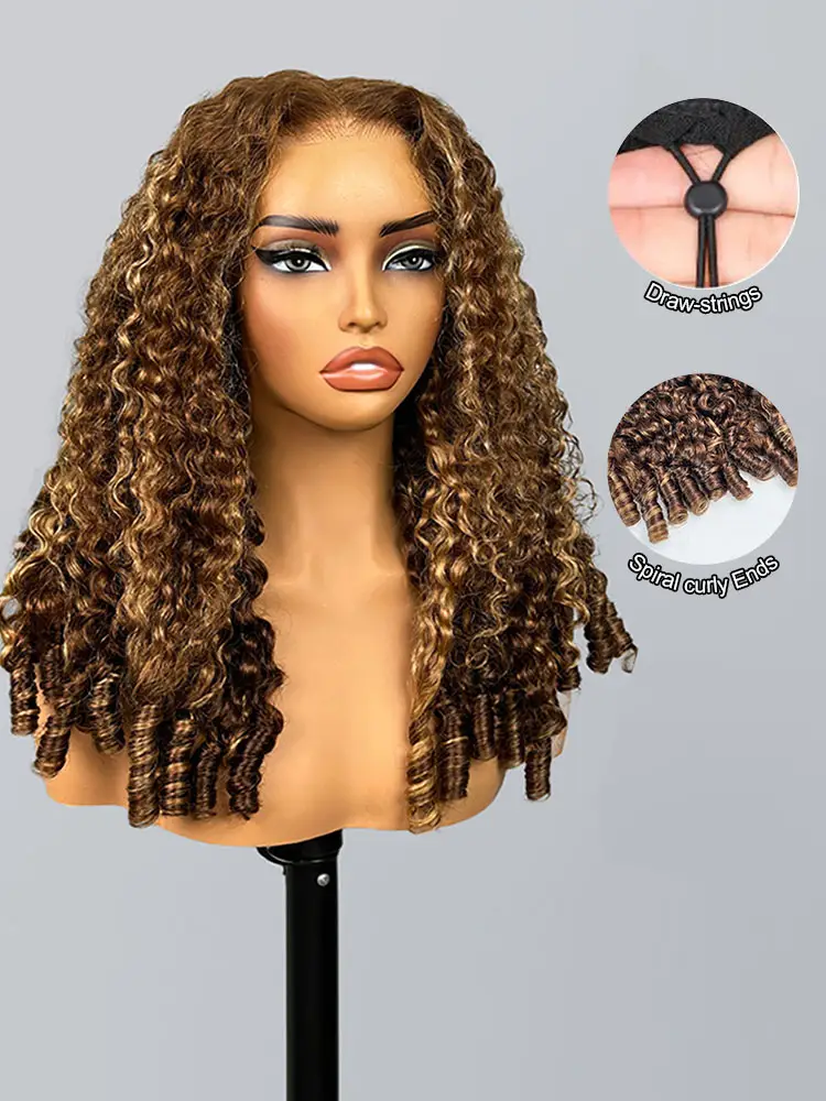 Cora Highlight 4/27 Honey Blonde Burmese Curly Wig Glueless Wigs with Drawstring 13x6 Lace Front Human Hair Wigs Pre Plucked Bleached Knots