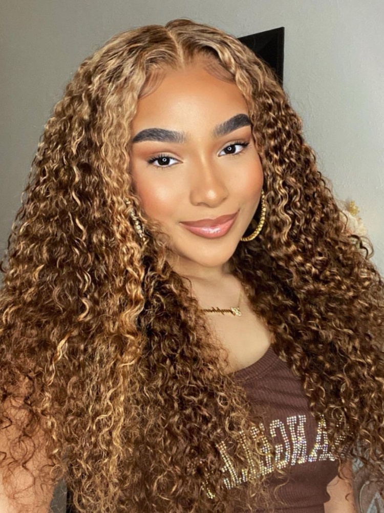 Cora Highlight 4/27 Honey Blonde Burmese Curly Wig Glueless Wigs with Drawstring 13x6 Lace Front Human Hair Wigs Pre Plucked Bleached Knots