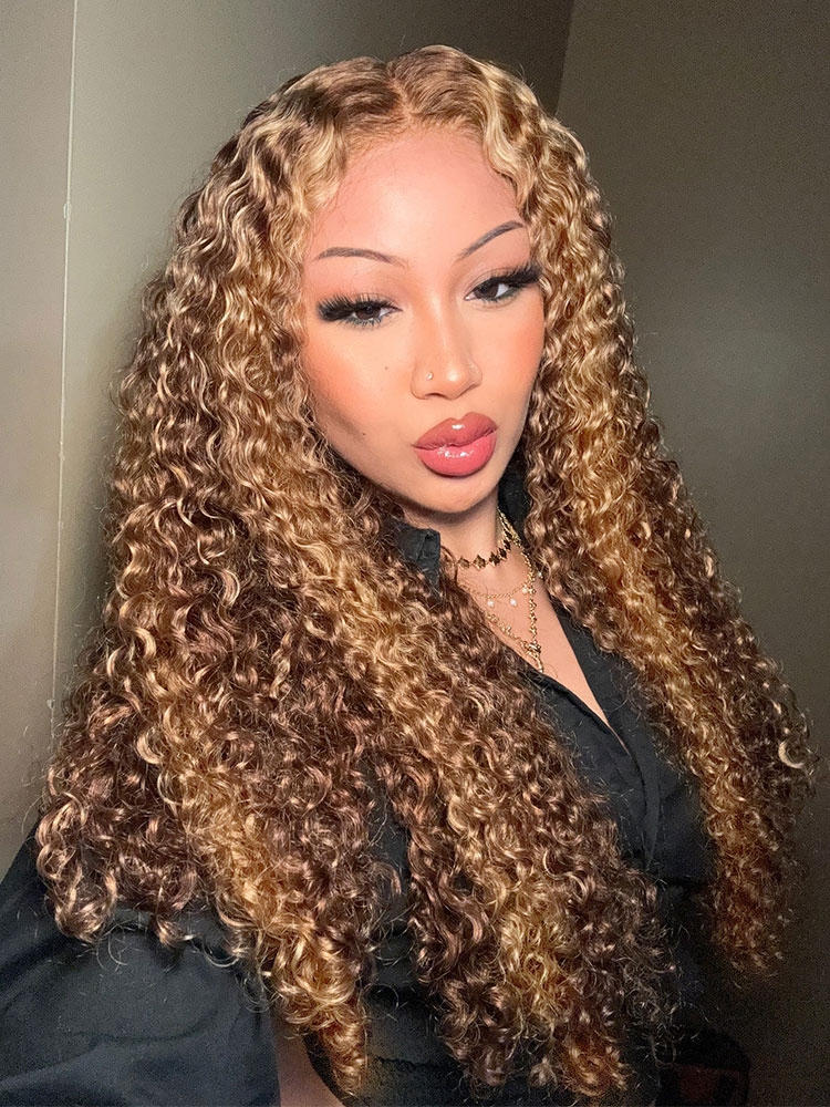 Cora Highlight 4/27 Honey Blonde Burmese Curly Wig Glueless Wigs with Drawstring 13x6 Lace Front Human Hair Wigs Pre Plucked Bleached Knots