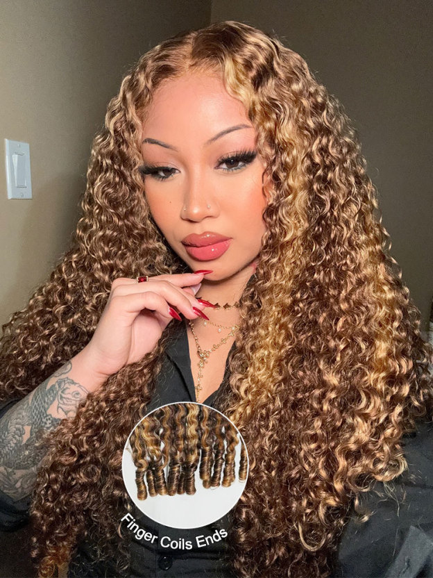 Cora Highlight 4/27 Honey Blonde Burmese Curly Wig Glueless Wigs with Drawstring 13x6 Lace Front Human Hair Wigs Pre Plucked Bleached Knots