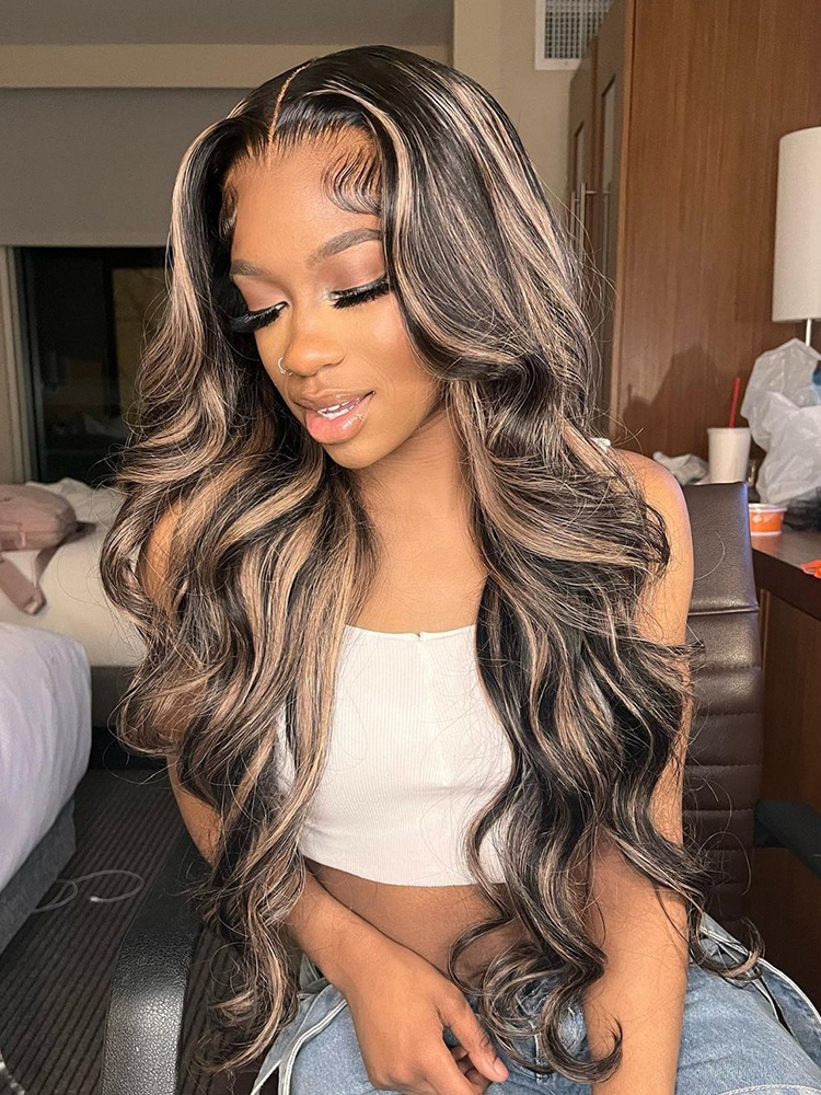 Elle #1B/27 13x4 Body Wave Lace Wig Piano Color Honey Blonde Highlights Lace Front Wig Human Hair