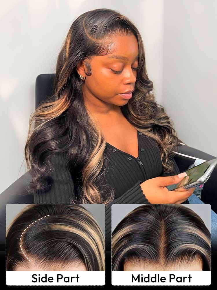 Elle #1B/27 13x4 Body Wave Lace Wig Piano Color Honey Blonde Highlights Lace Front Wig Human Hair