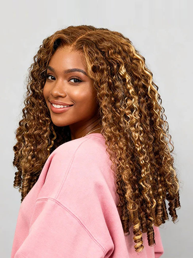 Cora Highlight 4/27 Honey Blonde Burmese Curly Wig Glueless Wigs with Drawstring 13x6 Lace Front Human Hair Wigs Pre Plucked Bleached Knots