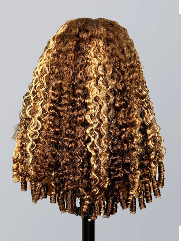 Cora Highlight 4/27 Honey Blonde Burmese Curly Wig Glueless Wigs with Drawstring 13x6 Lace Front Human Hair Wigs Pre Plucked Bleached Knots