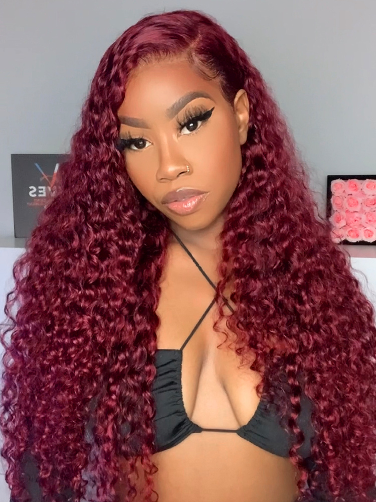 Lola Bleached Knots 99J Burgundy Curly Wig Glueless 13x6 Lace Front Human Hair Wigs Pre Plucked