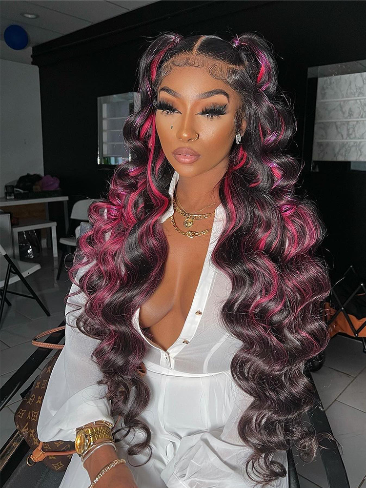 Luna 1B/Pink Body Wave 13x4 Lace Front Wig Highlight Wig Human Hair