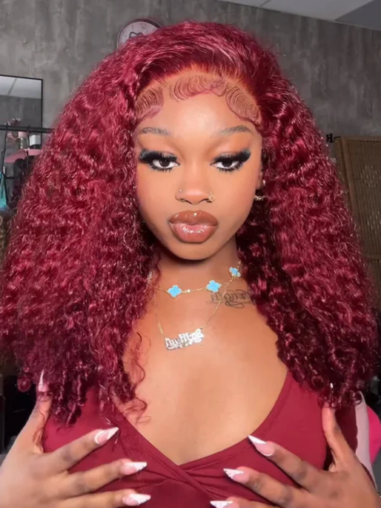 Zendaya #99J Burgundy Burmese Curly Wig Bleached Knots Glueless Wigs 13x4 13x6 Lace Front Human Hair Wigs Pre Plucked